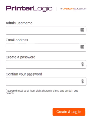 PrinterLogic root user account set up fields seen when first visiting the VA Admin Console. 